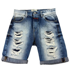 Pull&Bear Denim Shorts Mens 30 Blue Distressed Ripped Cuffed Casual Streetwear